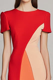 Red Bodycon Patchwork Midi Work Dress with Sleeves