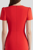Red Bodycon Patchwork Midi Work Dress with Sleeves