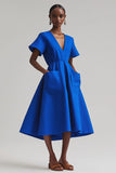 Royal Blue V-Neck A-Line Midi Work Dress with Pockets