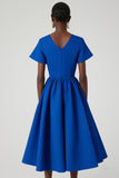 Royal Blue V-Neck A-Line Midi Work Dress with Pockets
