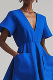 Royal Blue V-Neck A-Line Midi Work Dress with Pockets