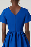 Royal Blue V-Neck A-Line Midi Work Dress with Pockets