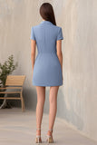 Dusty Blue Notched Lapel Sheath Short Work Dress