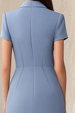 Dusty Blue Notched Lapel Sheath Short Work Dress