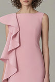 Pink Sheath Bateau Neck Ruffled Midi Work Dress