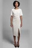 Ivory Sheath Round Neck Ruched Midi Work Dress