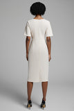 Ivory Sheath Round Neck Ruched Midi Work Dress