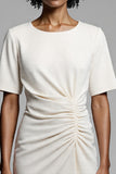 Ivory Sheath Round Neck Ruched Midi Work Dress