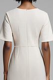 Ivory Sheath Round Neck Ruched Midi Work Dress