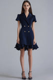 Navy Notched Lapel A Line Ruffled Short Work Dress