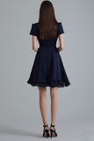 Navy Notched Lapel A Line Ruffled Short Work Dress