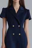 Navy Notched Lapel A Line Ruffled Short Work Dress