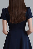 Navy Notched Lapel A Line Ruffled Short Work Dress
