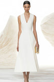 A Line V Neck Satin Ivory Long Work Dress