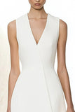 A Line V Neck Satin Ivory Long Work Dress