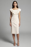 Square Neck Ruffled Sheath Ivory Midi Work Dress