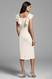 Square Neck Ruffled Sheath Ivory Midi Work Dress