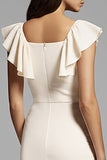 Square Neck Ruffled Sheath Ivory Midi Work Dress