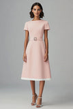 Boat Neck Pink A Line Work Dress with Belt