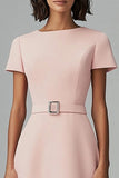 Boat Neck Pink A Line Work Dress with Belt
