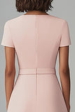 Boat Neck Pink A Line Work Dress with Belt