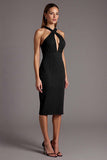 Burgundy Sheath Criss Cross Neck Cut Out Midi Formal Dress