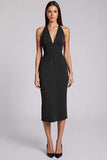 Burgundy Sheath Halter Midi Formal Dress with Slit