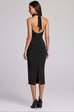 Burgundy Sheath Halter Midi Formal Dress with Slit