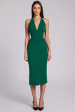 Burgundy Sheath Halter Midi Formal Dress with Slit