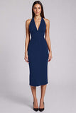 Burgundy Sheath Halter Midi Formal Dress with Slit