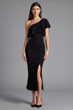 Black One Shoulder Sheath Ruffled Long Formal Dress