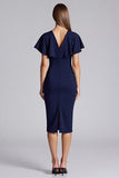 Sheath Short Sleeve Navy Midi Formal Dress