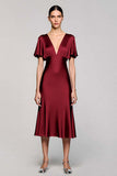 A Line Short Sleeve Grey Ruffled Midi Formal Dress