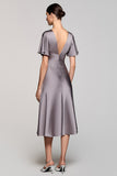 A Line Short Sleeve Grey Ruffled Midi Formal Dress