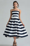 Navy White Stripe Strapless A Line Midi Formal Dress