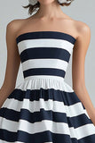 Navy White Stripe Strapless A Line Midi Formal Dress
