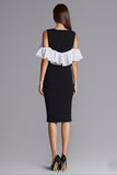 Ivory and Black Cold Shoulder Sheath Formal Dress with Ruffles