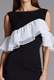 Ivory and Black Cold Shoulder Sheath Formal Dress with Ruffles