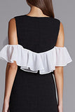 Ivory and Black Cold Shoulder Sheath Formal Dress with Ruffles