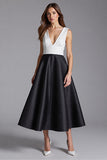 Ivory and Black V Neck A Line Satin Formal Dress