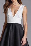Ivory and Black V Neck A Line Satin Formal Dress