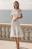 Ivory Lace A Line Scoop Midi Engagement Dress with Short Sleeves