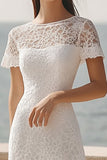 Ivory Lace A Line Scoop Midi Engagement Dress with Short Sleeves
