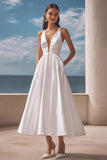 Ivory A Line Ankle Length Engagement Dress with Pockets