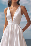 Ivory A Line Ankle Length Engagement Dress with Pockets