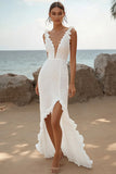 Ivory Mermaid Deep V-Neck High-Low Engagement Dress