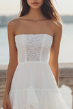 Ivory Strapless A Line High-Low Engagement Dress with Ruffles