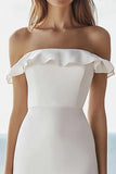 Ivory Off the Shoulder Simple Midi Engagement Dress with Ruffles
