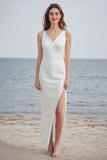 Ivory V-Neck Simple Long Engagement Dress with Slit