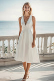 Satin Ivory Deep V-Neck A Line Midi Bachelorette Dress